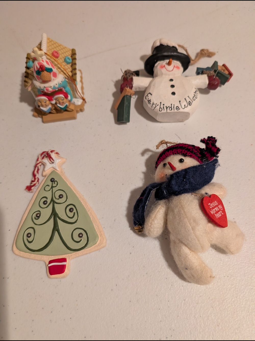 Set of 4 Christmas Ornaments - Snowmen, Tree & House - Cream, White, Green, Red